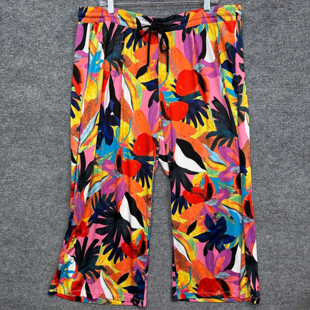 Zac & Rachel Plus Size 2X Palazzo Pants Yellow Multi Floral Pull On Stretch Crop